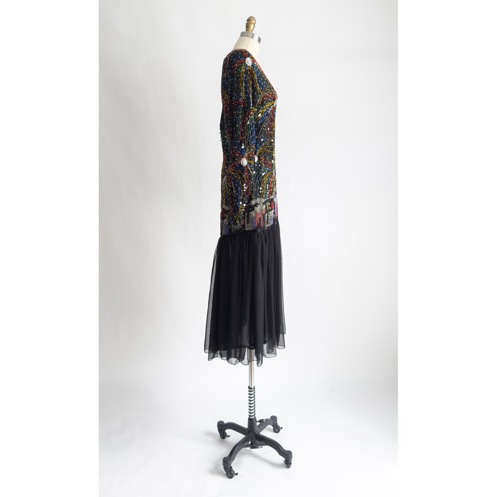 Judith Ann Creations vtg black‎ silk hand beaded fireworks dress S-M - Picture 6 of 9